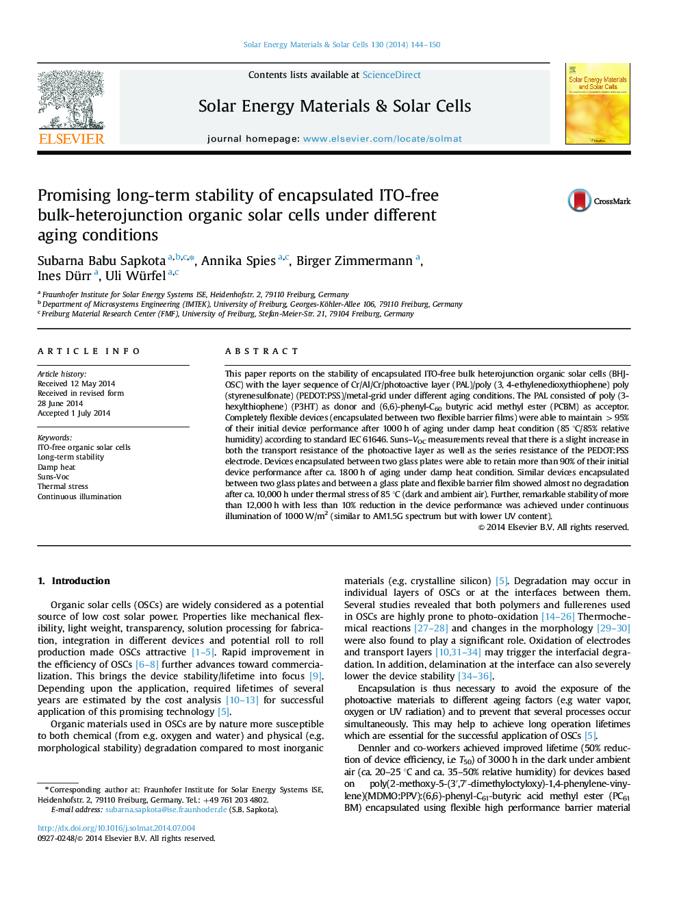 Promising long-term stability of encapsulated ITO-free bulk-heterojunction organic solar cells under different aging conditions