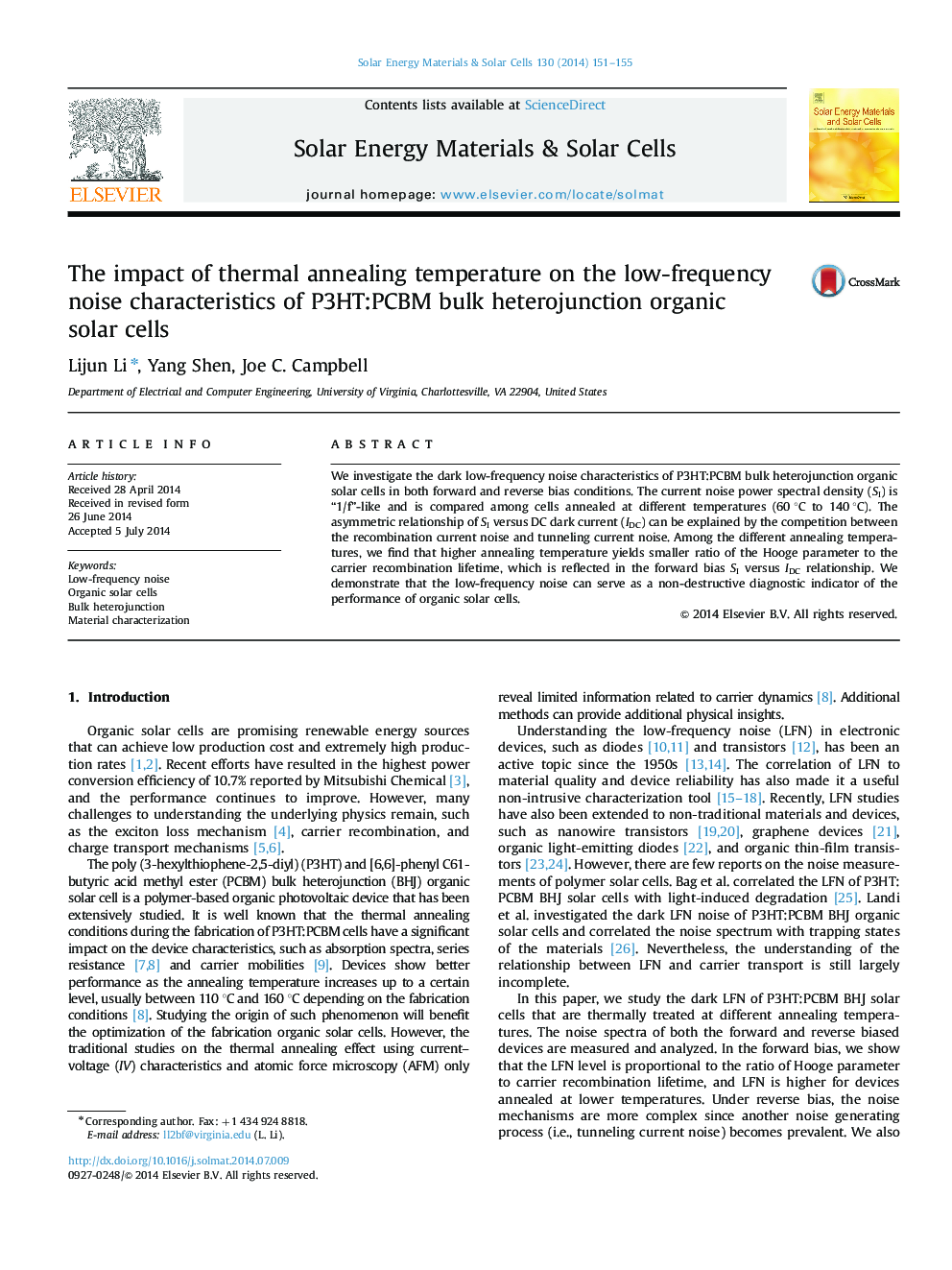 The impact of thermal annealing temperature on the low-frequency noise characteristics of P3HT:PCBM bulk heterojunction organic solar cells