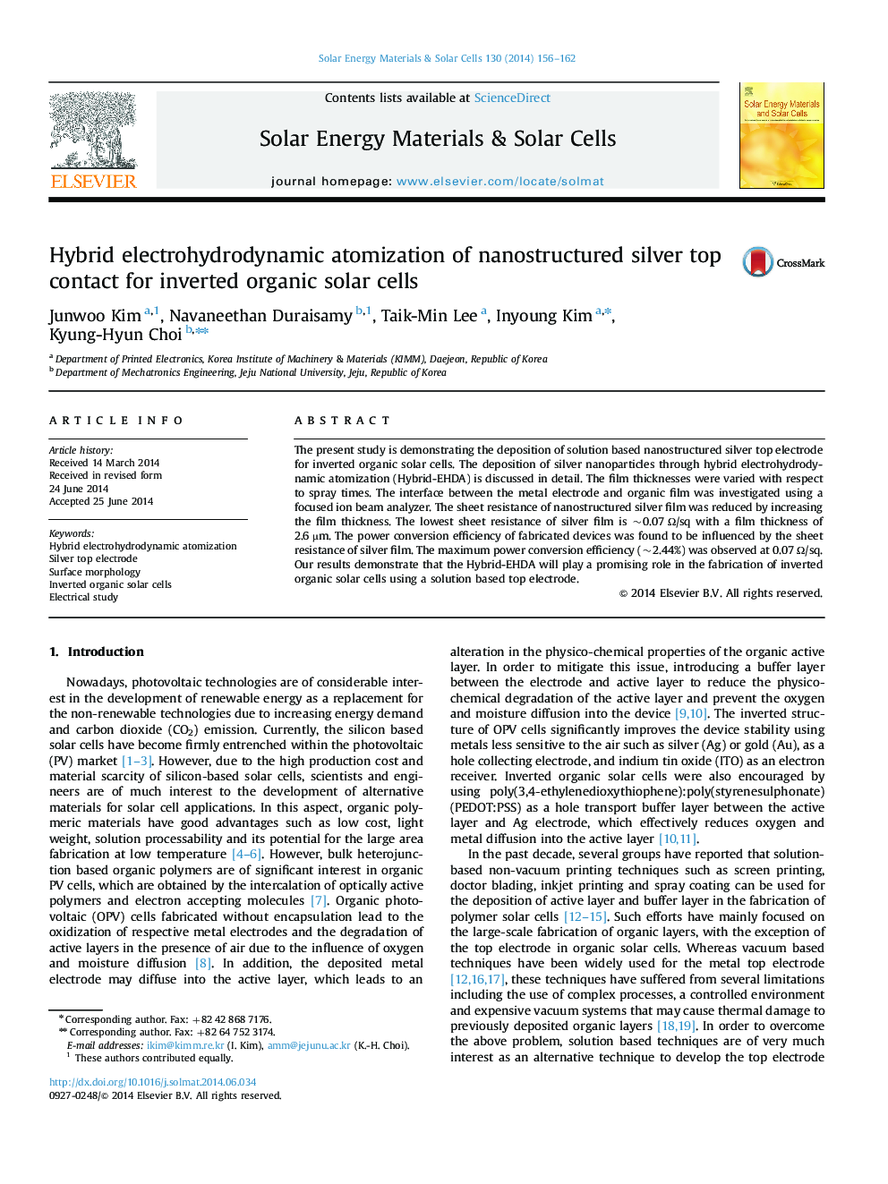 Hybrid electrohydrodynamic atomization of nanostructured silver top contact for inverted organic solar cells