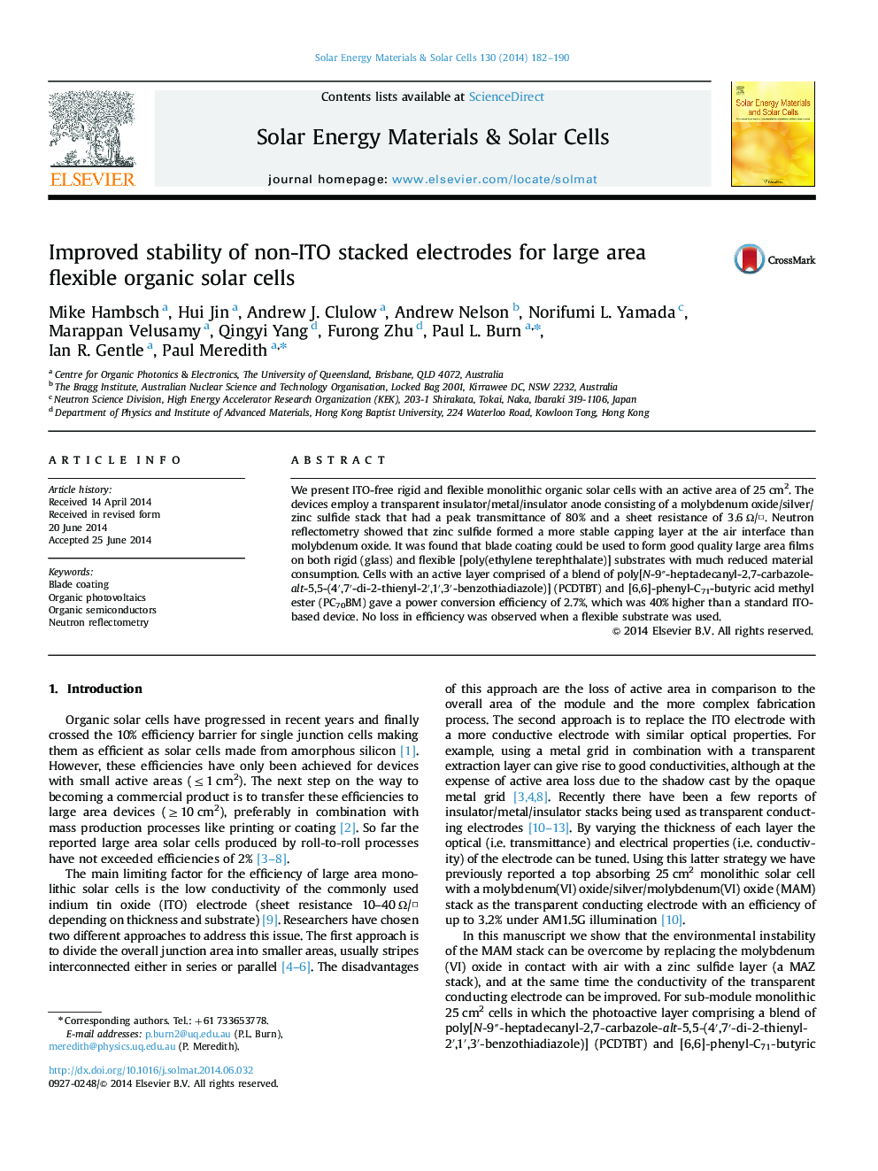 Improved stability of non-ITO stacked electrodes for large area flexible organic solar cells