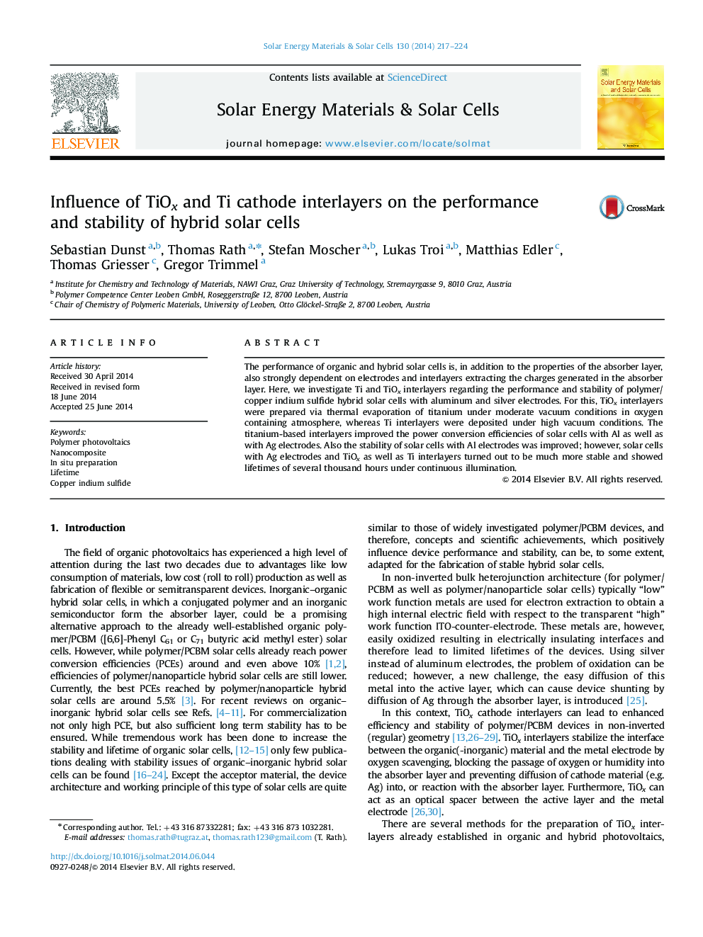 Influence of TiOx and Ti cathode interlayers on the performance and stability of hybrid solar cells