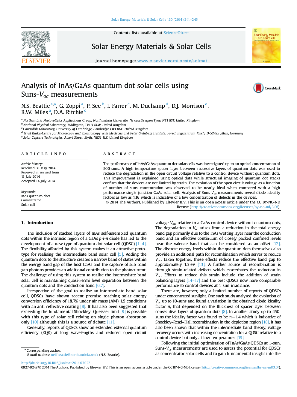 Analysis of InAs/GaAs quantum dot solar cells using Suns-Voc measurements