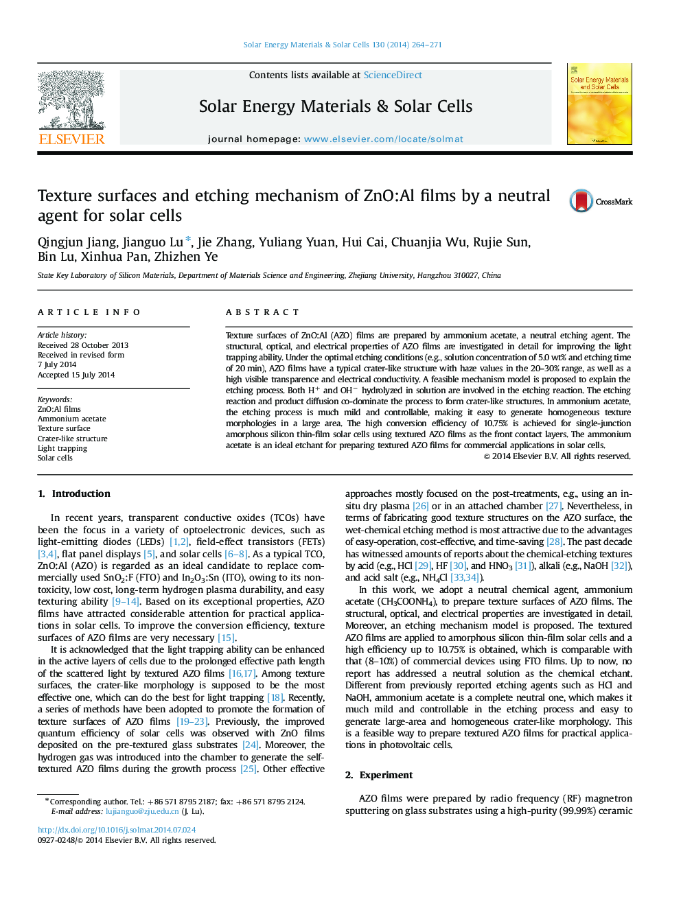 Texture surfaces and etching mechanism of ZnO:Al films by a neutral agent for solar cells