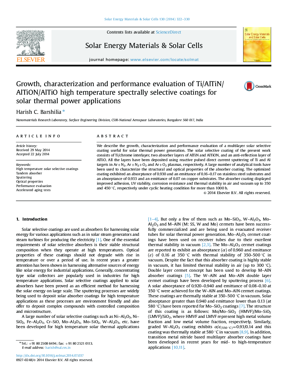 Growth, characterization and performance evaluation of Ti/AlTiN/AlTiON/AlTiO high temperature spectrally selective coatings for solar thermal power applications