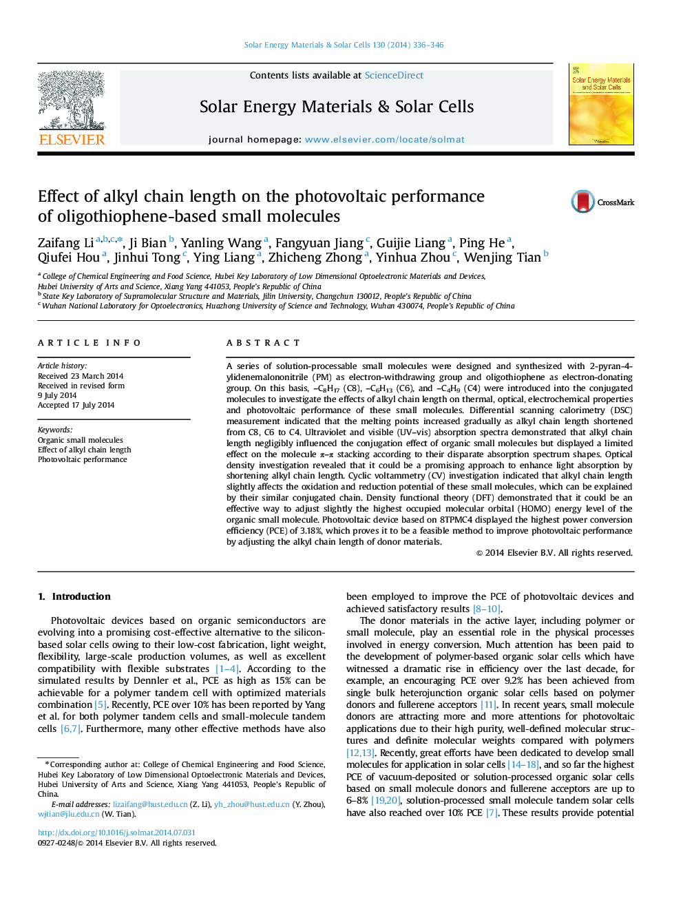 Effect of alkyl chain length on the photovoltaic performance of oligothiophene-based small molecules