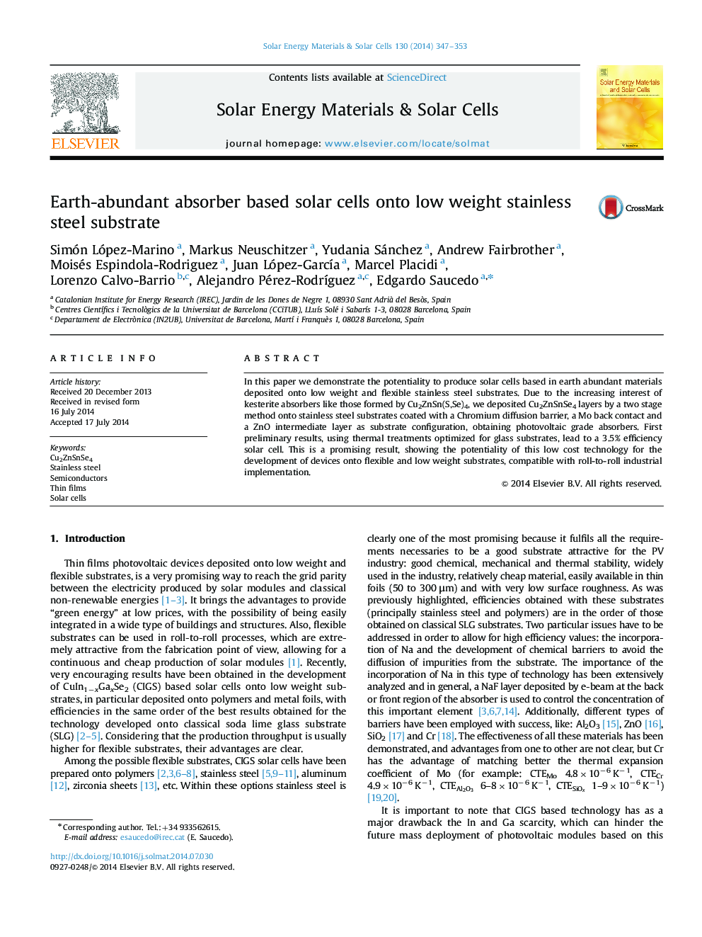 Earth-abundant absorber based solar cells onto low weight stainless steel substrate