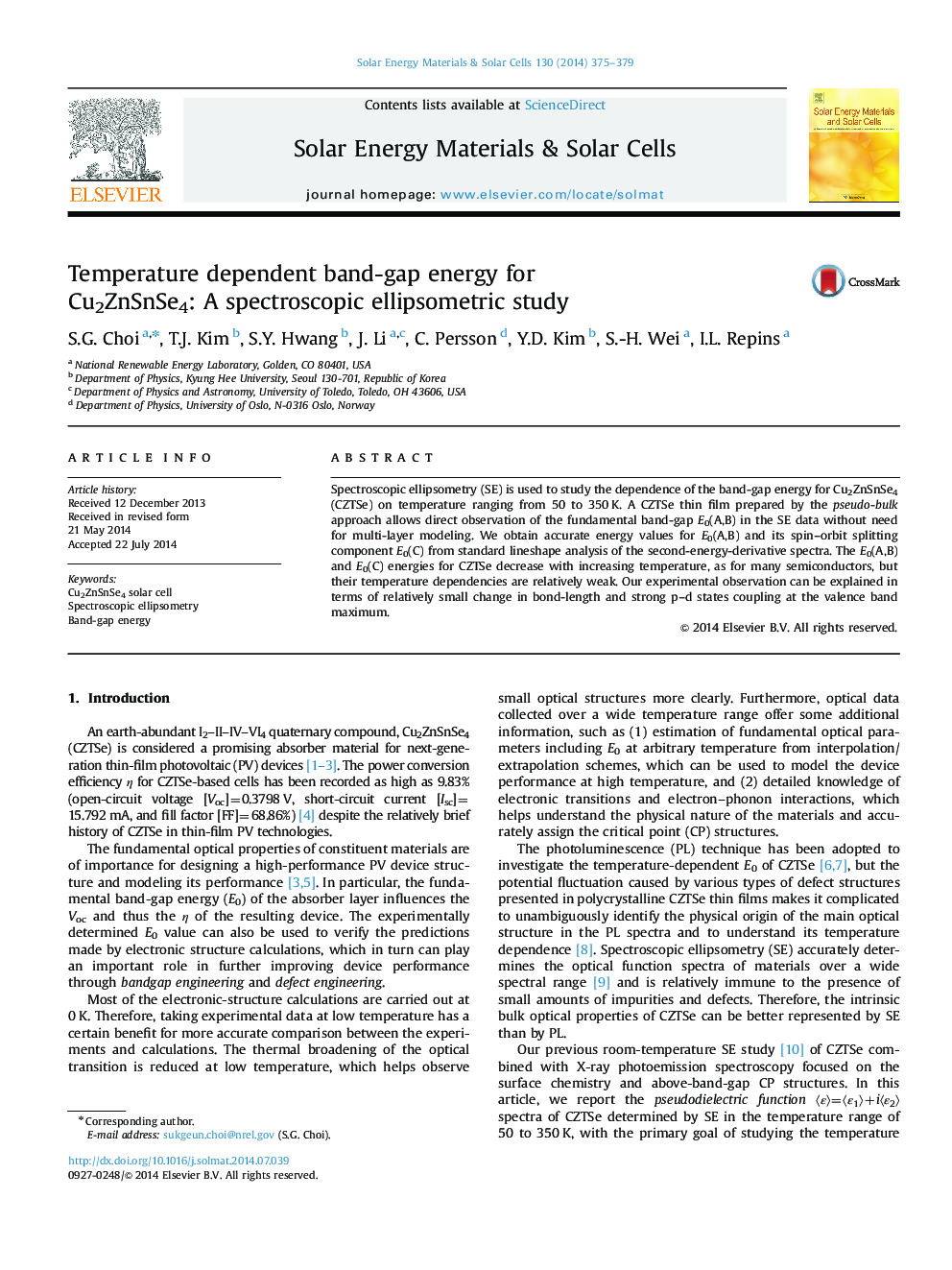 Temperature dependent band-gap energy for Cu2ZnSnSe4: A spectroscopic ellipsometric study