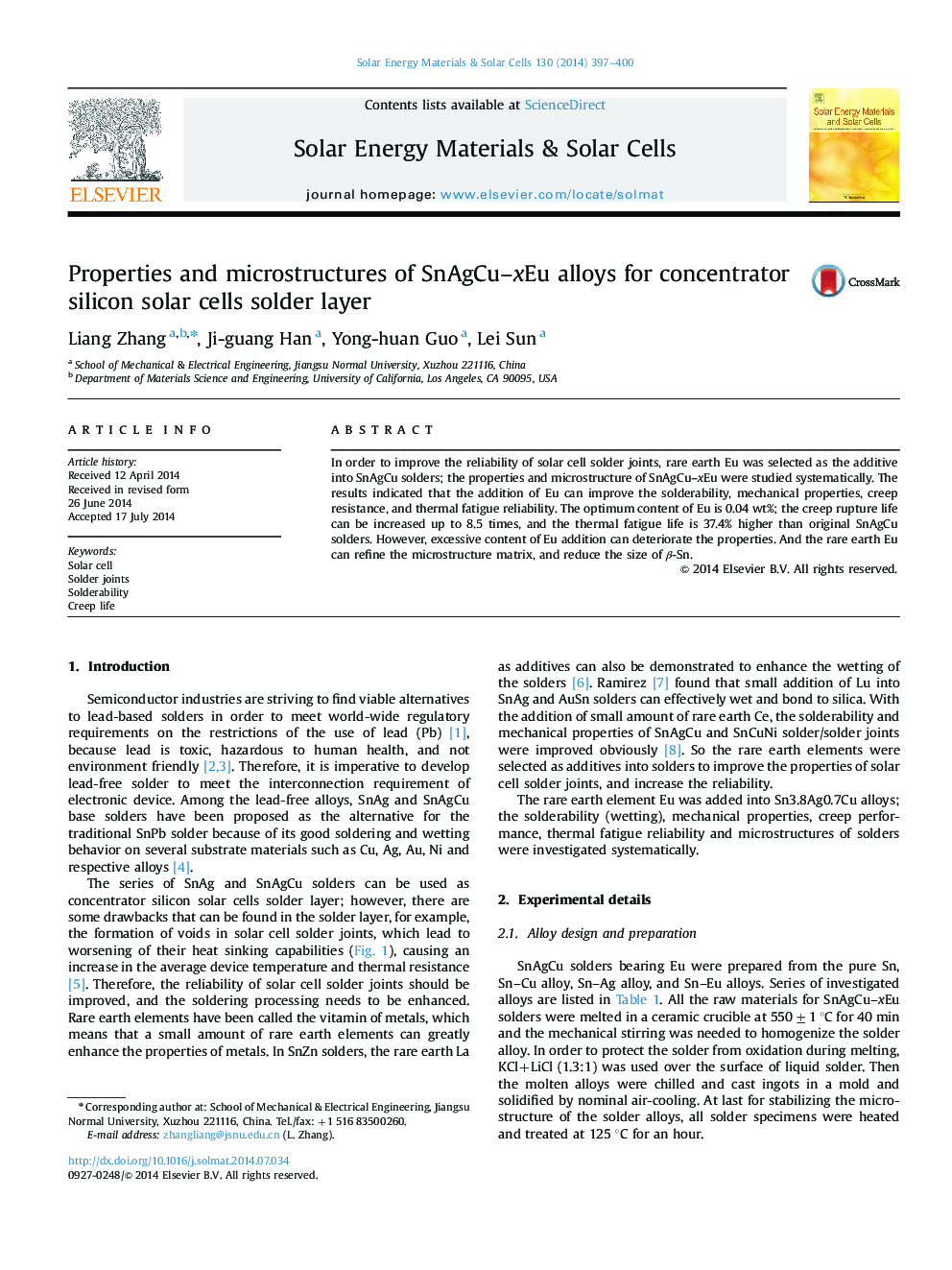 Properties and microstructures of SnAgCu-xEu alloys for concentrator silicon solar cells solder layer