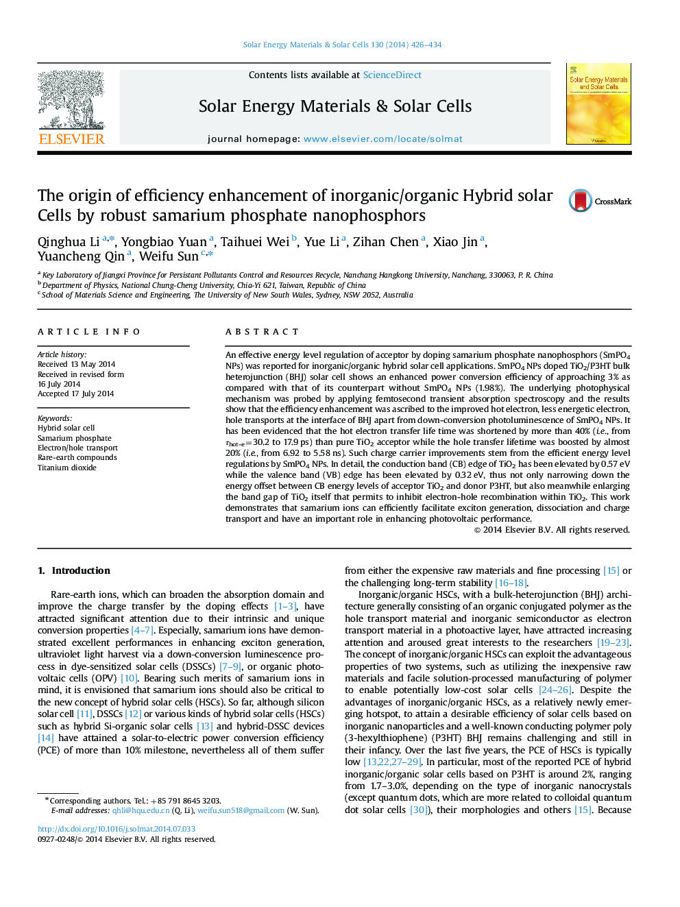 The origin of efficiency enhancement of inorganic/organic Hybrid solar Cells by robust samarium phosphate nanophosphors