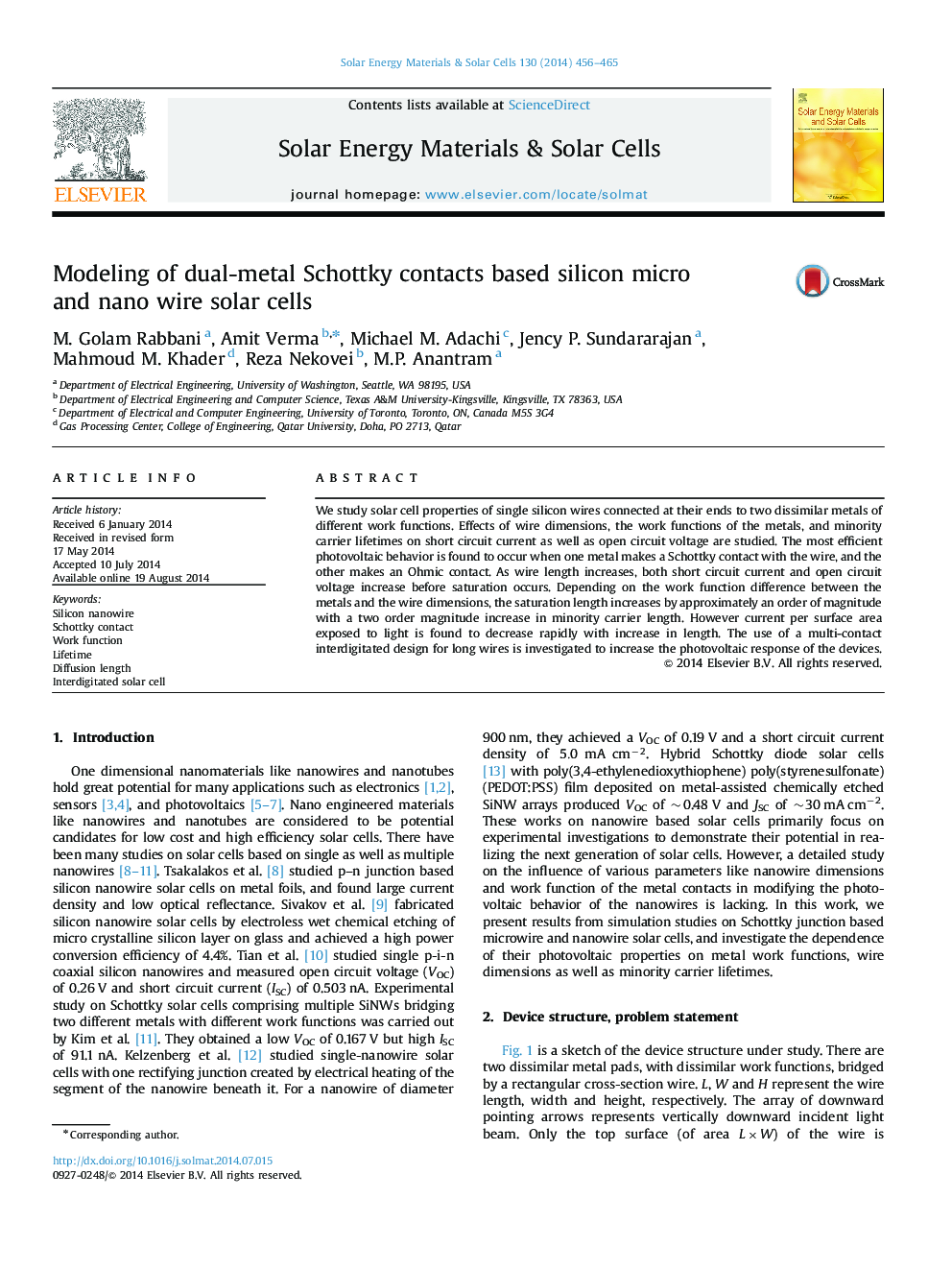 Modeling of dual-metal Schottky contacts based silicon micro and nano wire solar cells