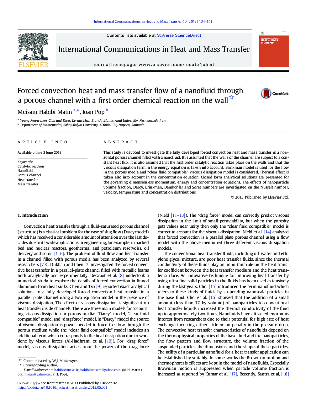 Forced convection heat and mass transfer flow of a nanofluid through a porous channel with a first order chemical reaction on the wall 