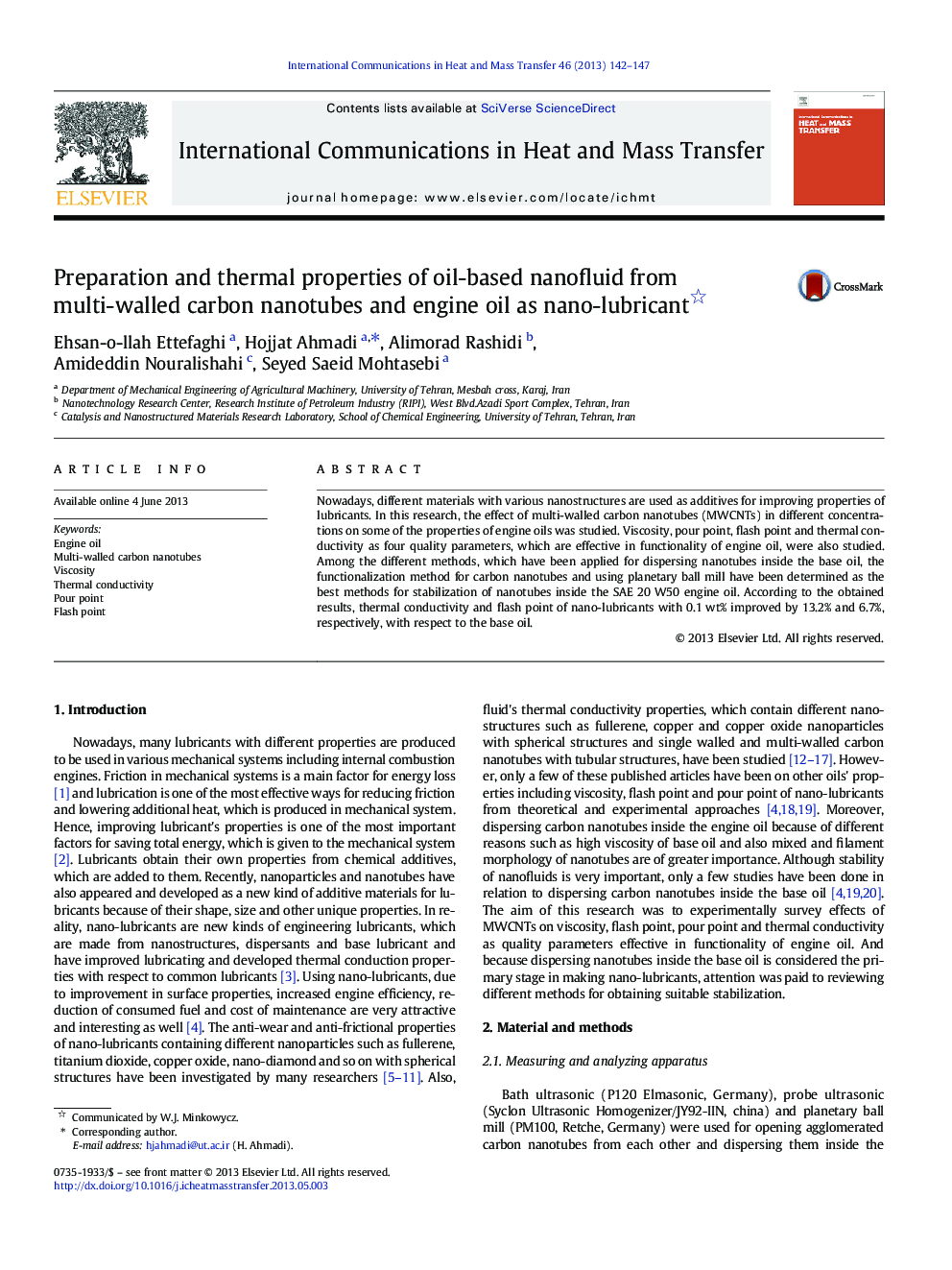 Preparation and thermal properties of oil-based nanofluid from multi-walled carbon nanotubes and engine oil as nano-lubricant 