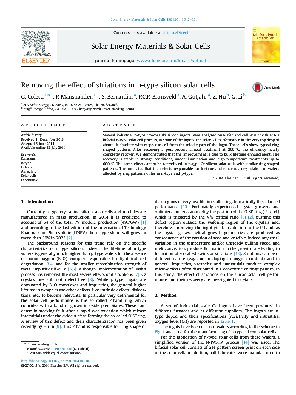 Removing the effect of striations in n-type silicon solar cells