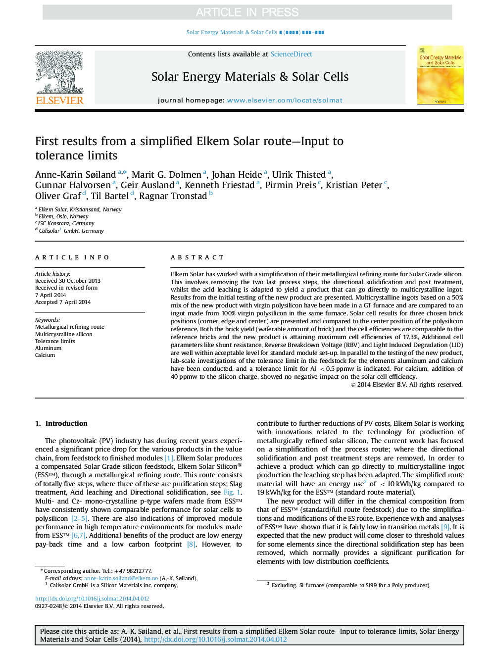 First results from a simplified Elkem Solar route-Input to tolerance limits