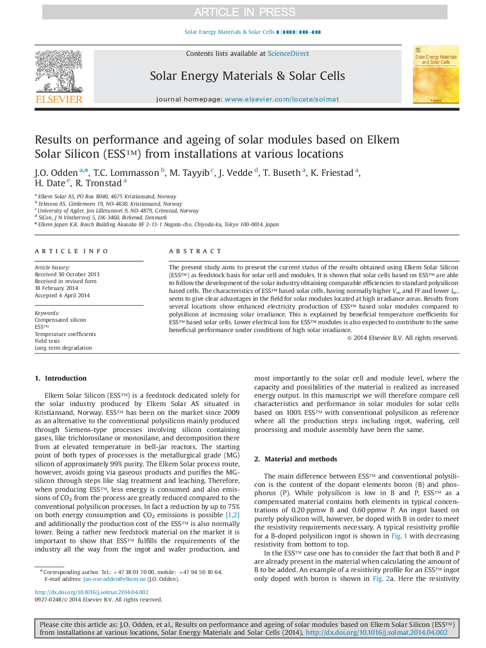 Results on performance and ageing of solar modules based on Elkem Solar Silicon (ESSâ¢) from installations at various locations