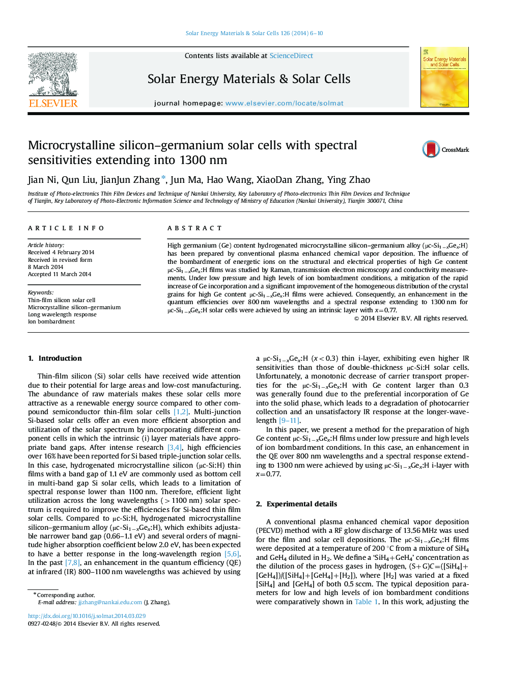Microcrystalline silicon-germanium solar cells with spectral sensitivities extending into 1300Â nm