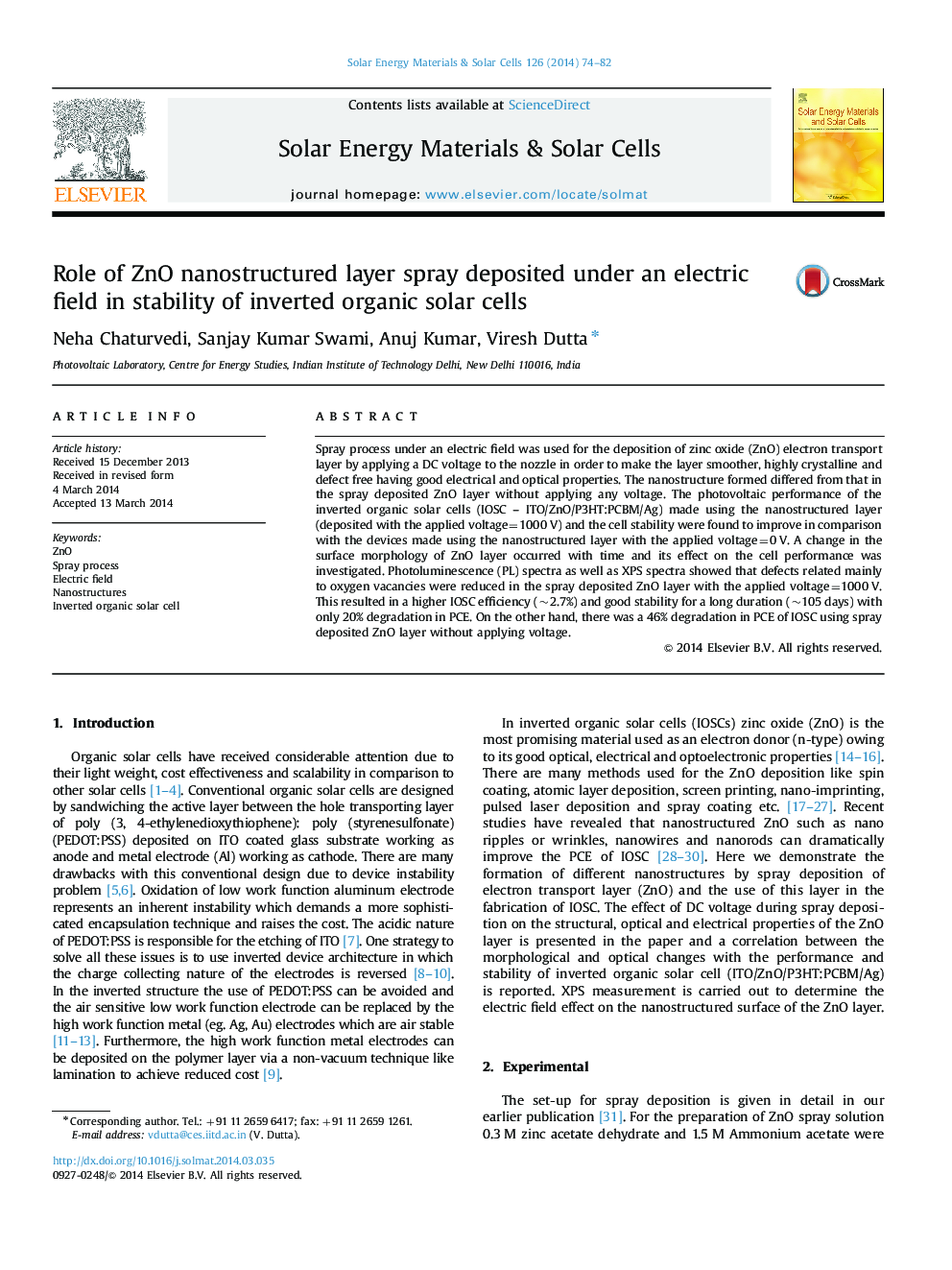 Role of ZnO nanostructured layer spray deposited under an electric field in stability of inverted organic solar cells