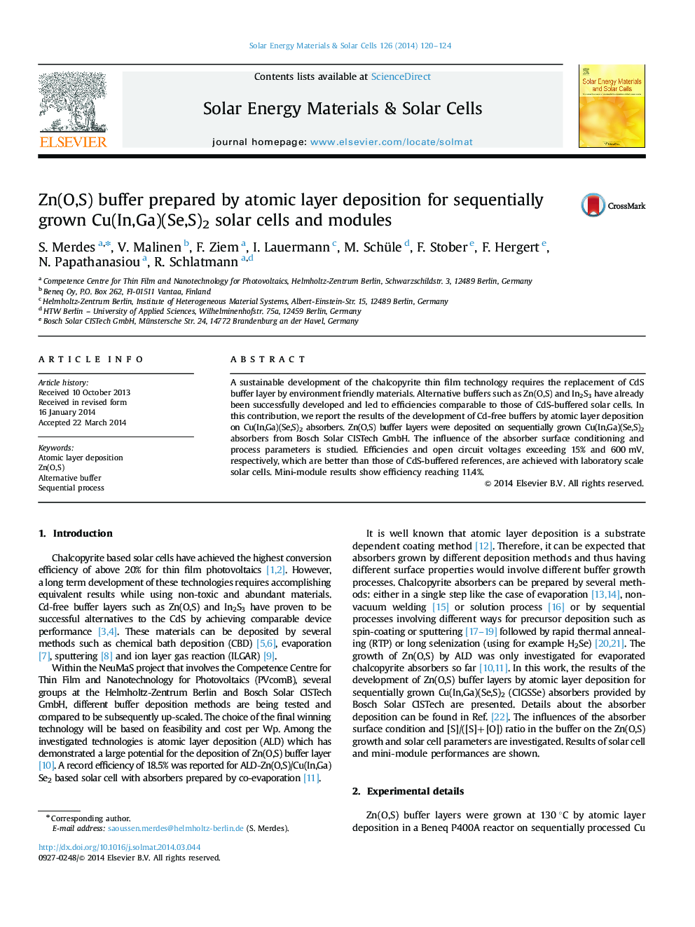 Zn(O,S) buffer prepared by atomic layer deposition for sequentially grown Cu(In,Ga)(Se,S)2 solar cells and modules