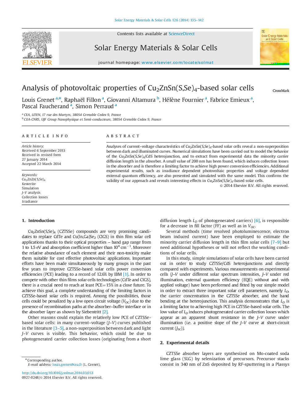 Analysis of photovoltaic properties of Cu2ZnSn(S,Se)4-based solar cells