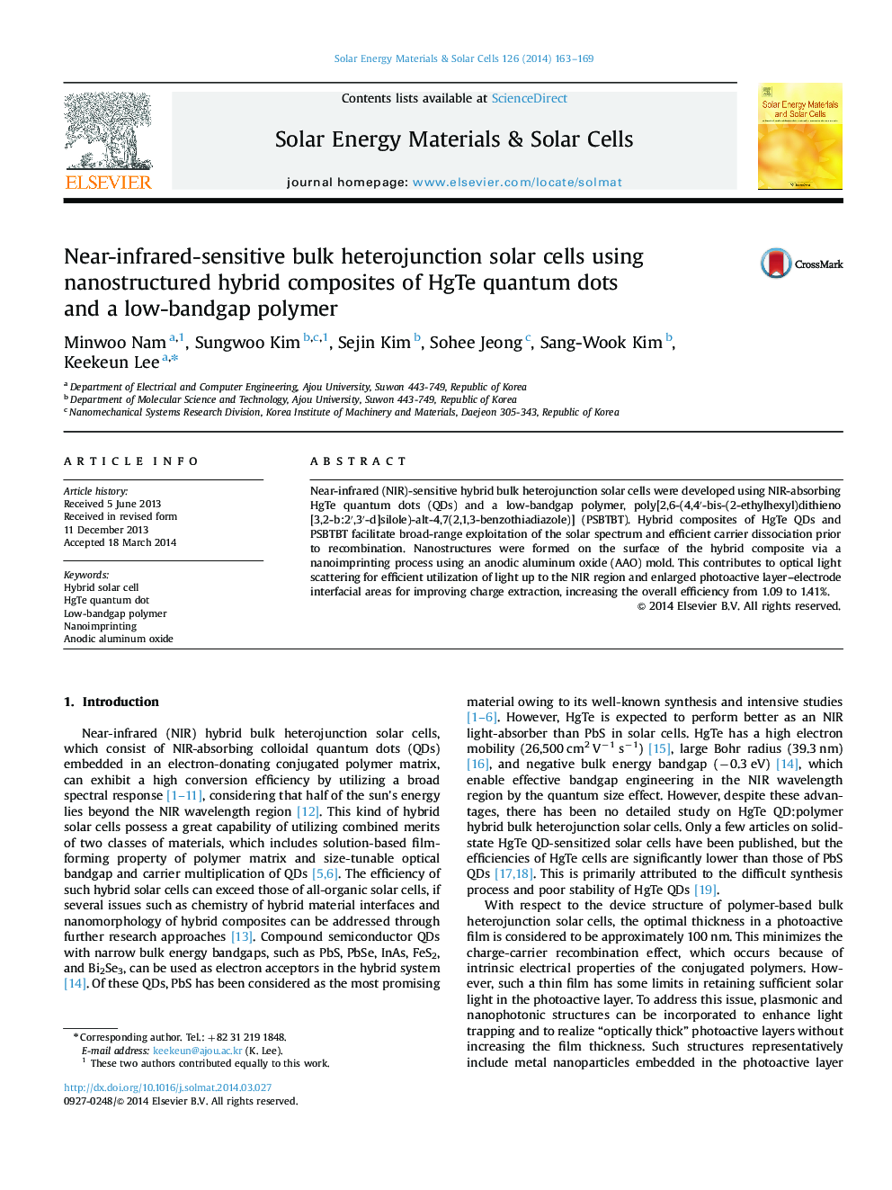 Near-infrared-sensitive bulk heterojunction solar cells using nanostructured hybrid composites of HgTe quantum dots and a low-bandgap polymer