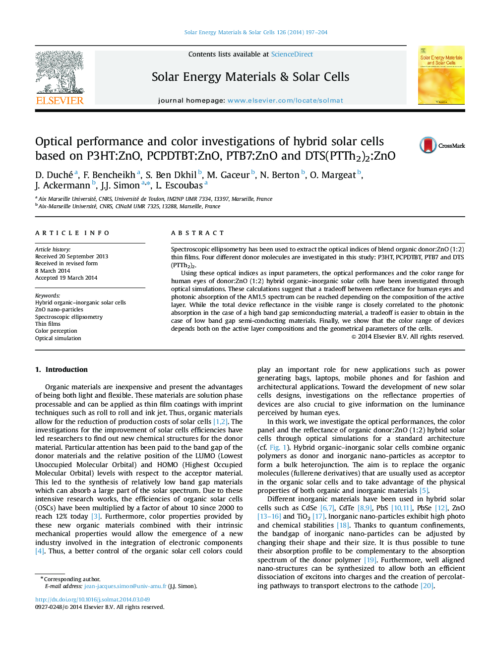 Optical performance and color investigations of hybrid solar cells based on P3HT:ZnO, PCPDTBT:ZnO, PTB7:ZnO and DTS(PTTh2)2:ZnO