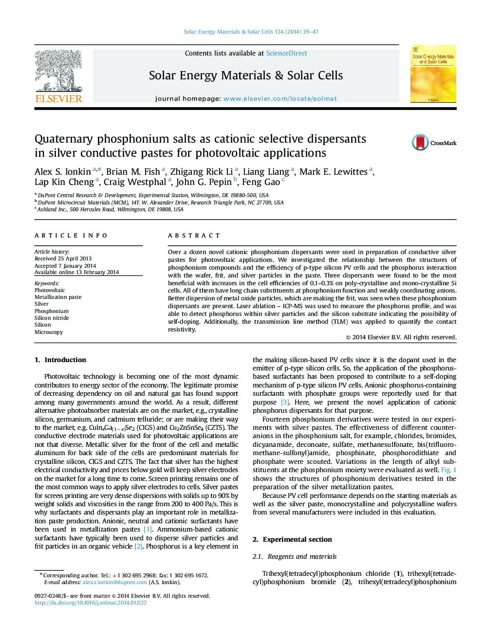 Quaternary phosphonium salts as cationic selective dispersants in silver conductive pastes for photovoltaic applications