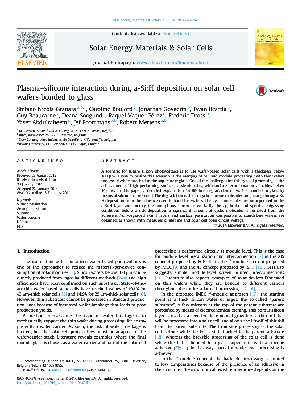 Plasma-silicone interaction during a-Si:H deposition on solar cell wafers bonded to glass