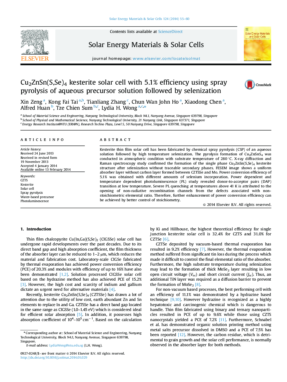 Cu2ZnSn(S,Se)4 kesterite solar cell with 5.1% efficiency using spray pyrolysis of aqueous precursor solution followed by selenization