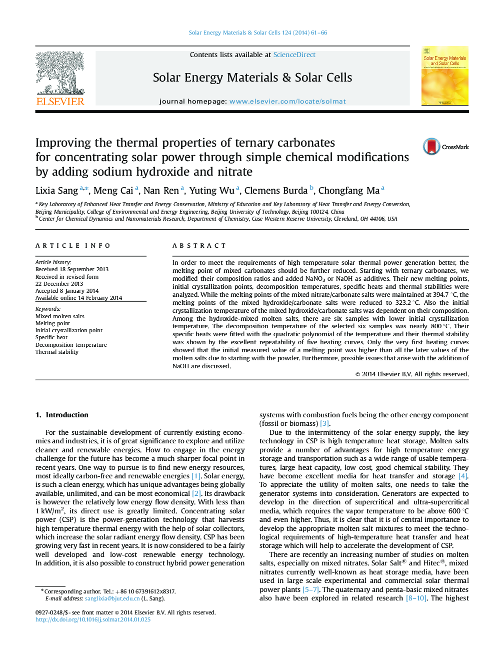 Improving the thermal properties of ternary carbonates for concentrating solar power through simple chemical modifications by adding sodium hydroxide and nitrate