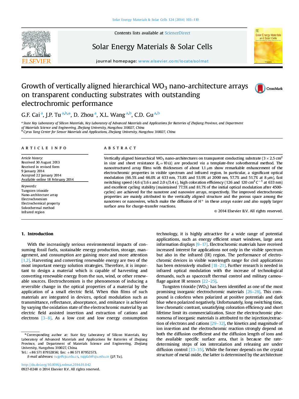 Growth of vertically aligned hierarchical WO3 nano-architecture arrays on transparent conducting substrates with outstanding electrochromic performance