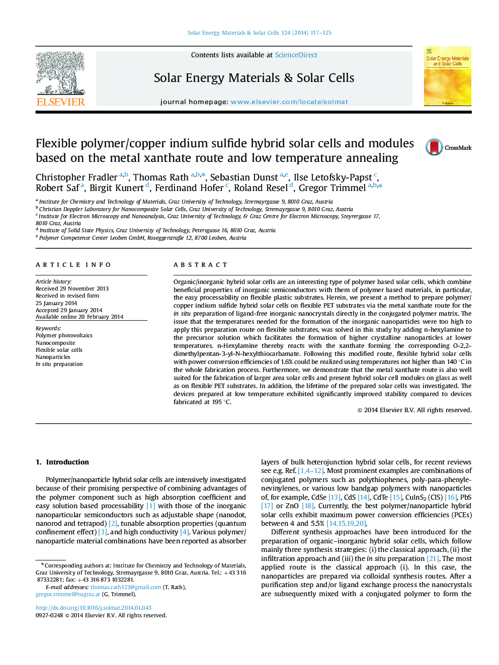 Flexible polymer/copper indium sulfide hybrid solar cells and modules based on the metal xanthate route and low temperature annealing