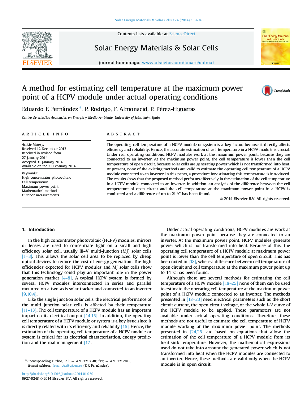 A method for estimating cell temperature at the maximum power point of a HCPV module under actual operating conditions