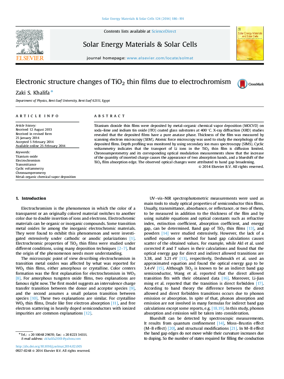 Electronic structure changes of TiO2 thin films due to electrochromism