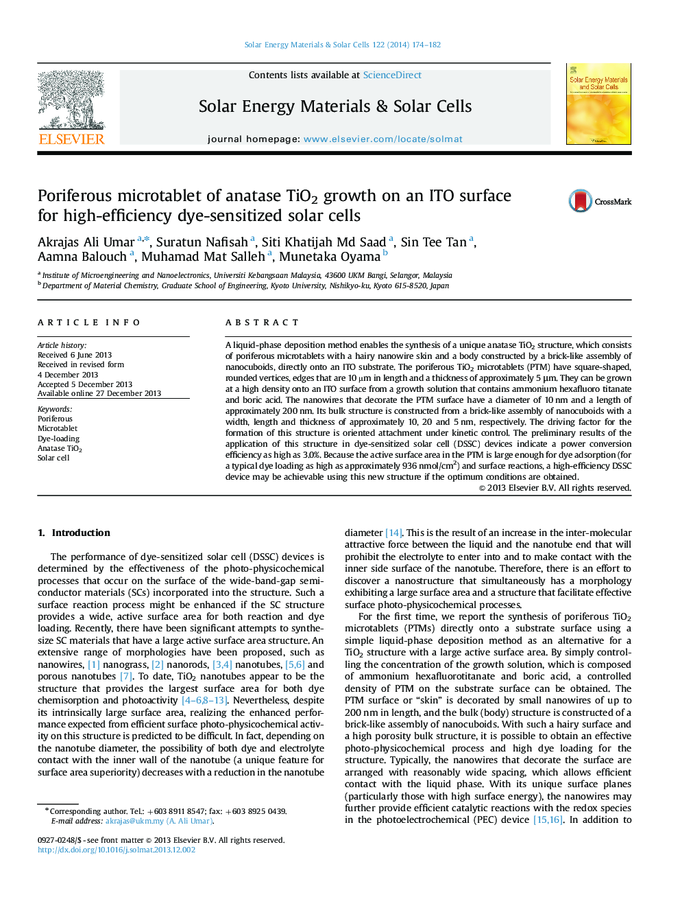 Poriferous microtablet of anatase TiO2 growth on an ITO surface for high-efficiency dye-sensitized solar cells