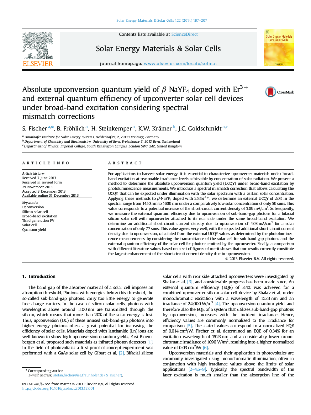 Absolute upconversion quantum yield of Î²-NaYF4 doped with Er3+ and external quantum efficiency of upconverter solar cell devices under broad-band excitation considering spectral mismatch corrections