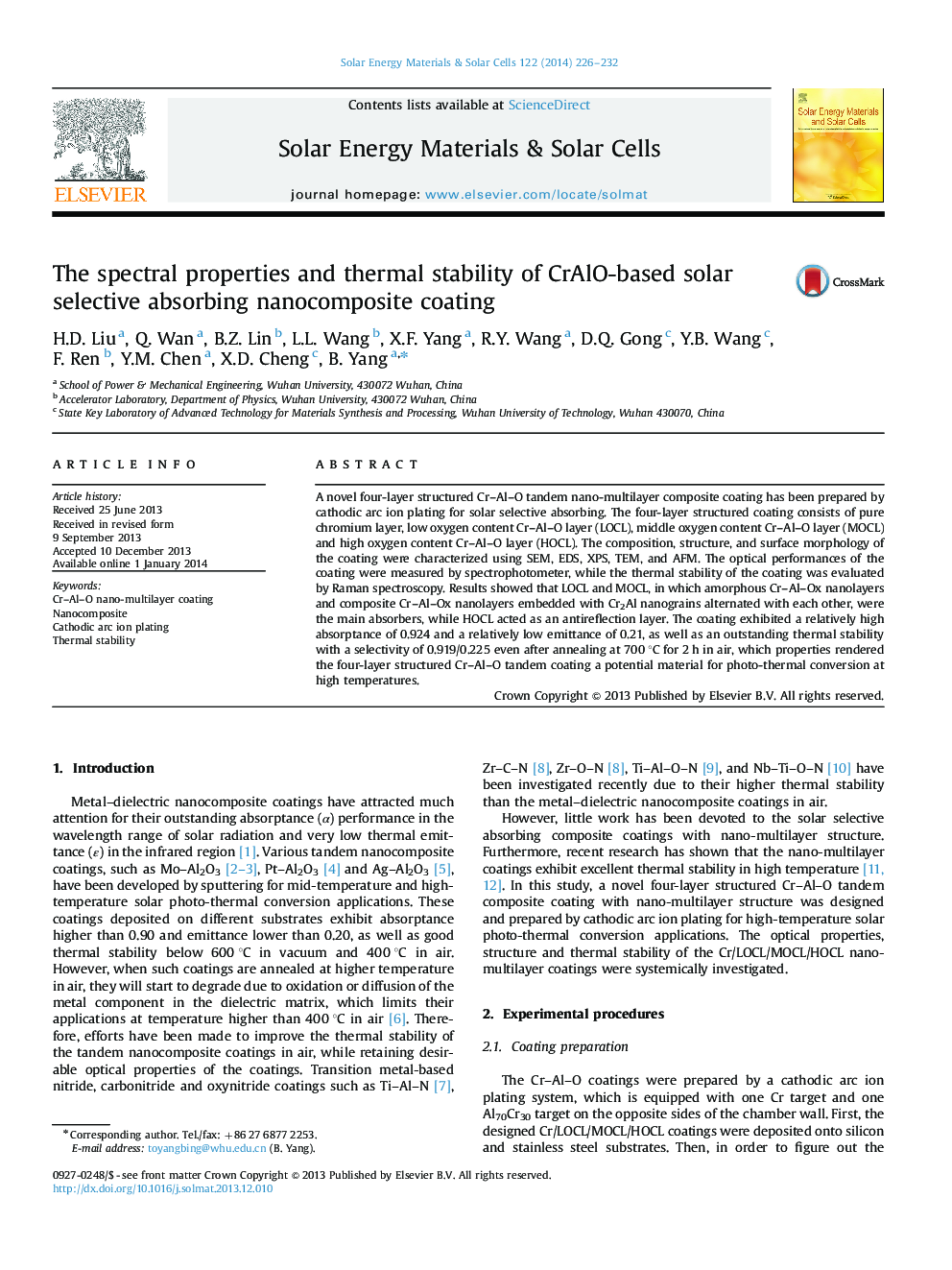 The spectral properties and thermal stability of CrAlO-based solar selective absorbing nanocomposite coating