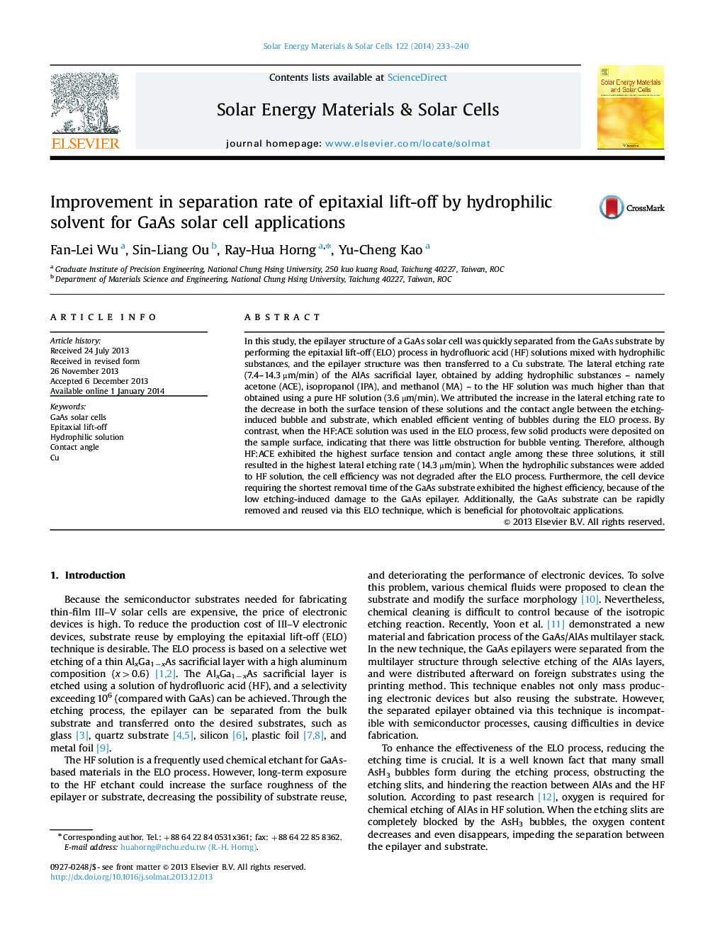 Improvement in separation rate of epitaxial lift-off by hydrophilic solvent for GaAs solar cell applications