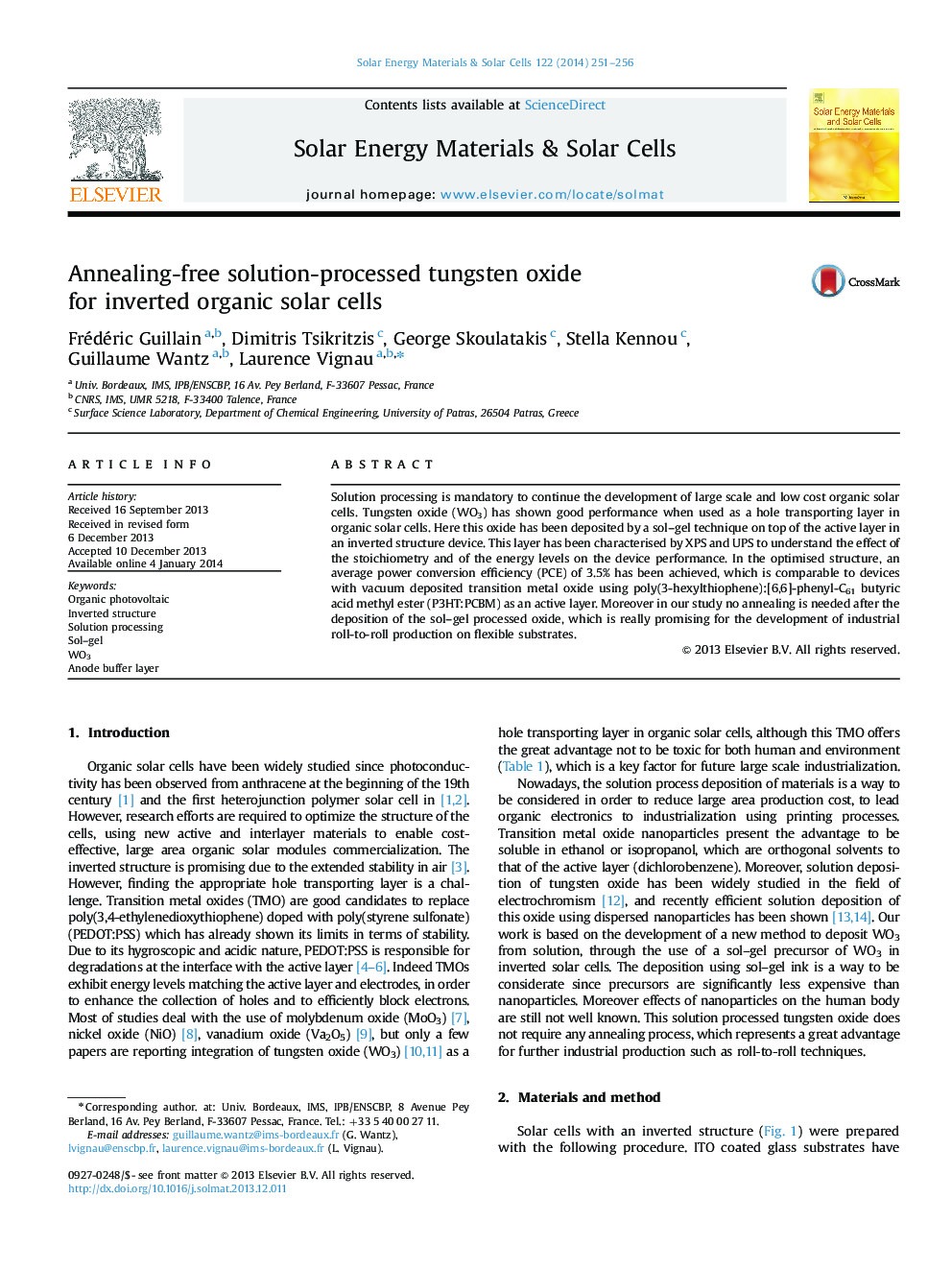 Annealing-free solution-processed tungsten oxide for inverted organic solar cells