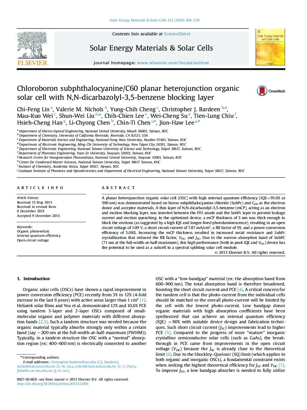 Chloroboron subphthalocyanine/C60 planar heterojunction organic solar cell with N,N-dicarbazolyl-3,5-benzene blocking layer