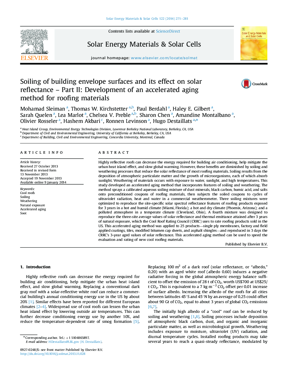 Soiling of building envelope surfaces and its effect on solar reflectance - Part II: Development of an accelerated aging method for roofing materials