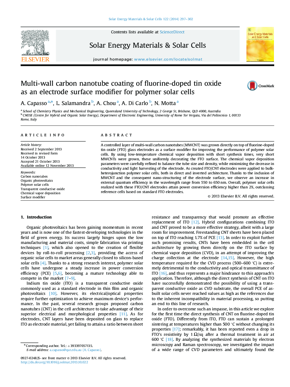 Multi-wall carbon nanotube coating of fluorine-doped tin oxide as an electrode surface modifier for polymer solar cells