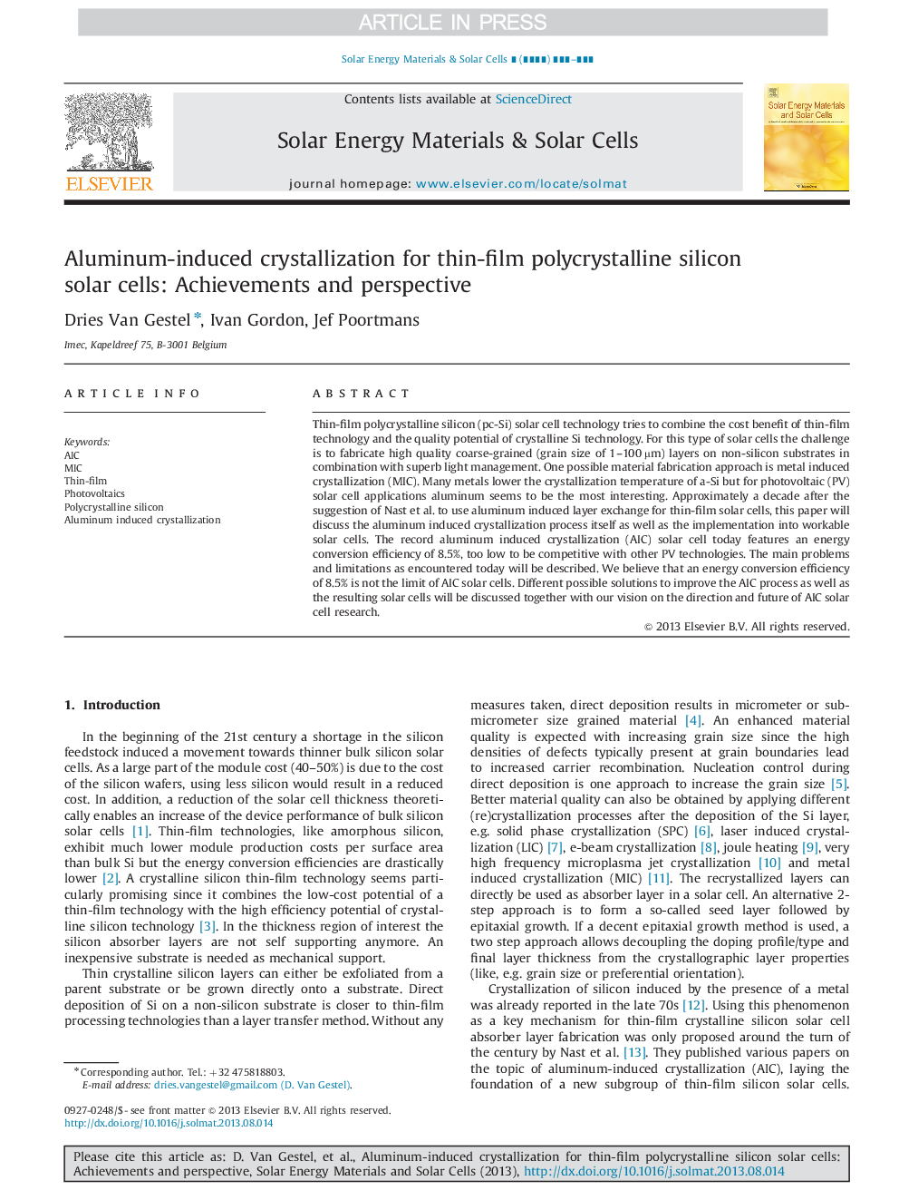 Aluminum-induced crystallization for thin-film polycrystalline silicon solar cells: Achievements and perspective