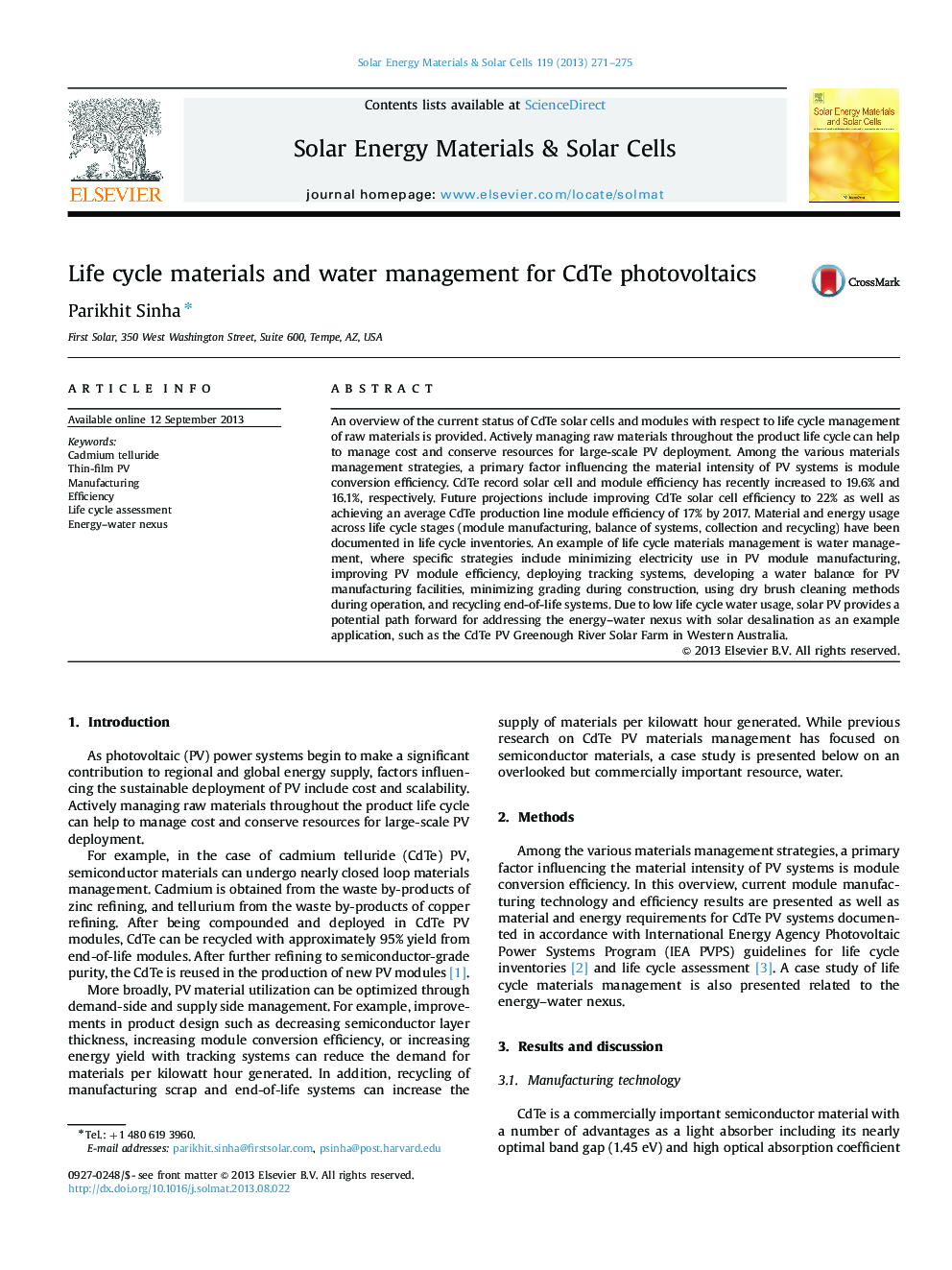 Life cycle materials and water management for CdTe photovoltaics