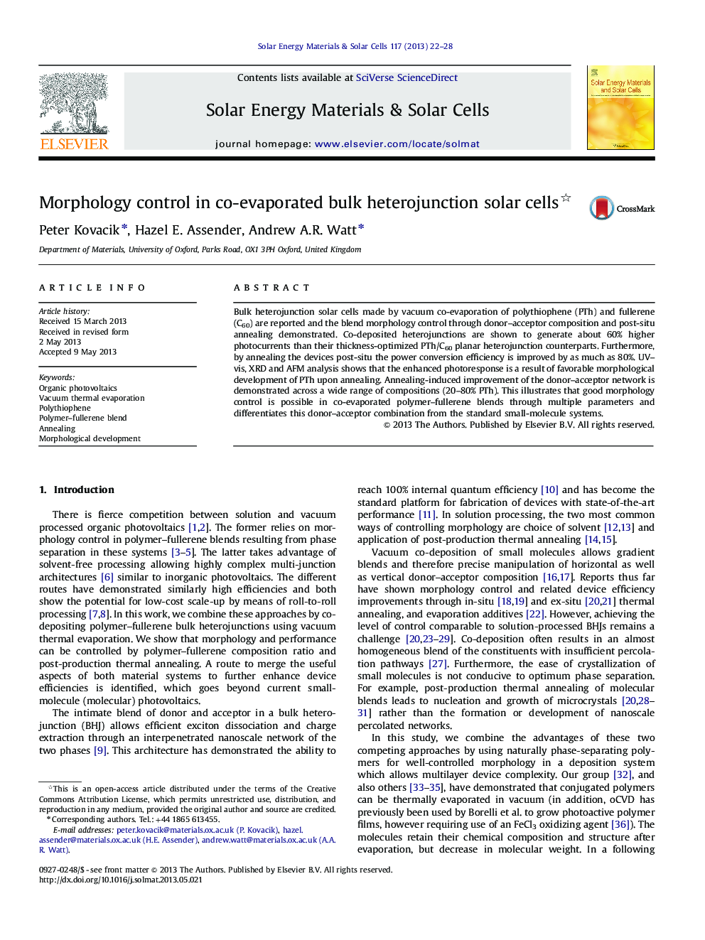 Morphology control in co-evaporated bulk heterojunction solar cells