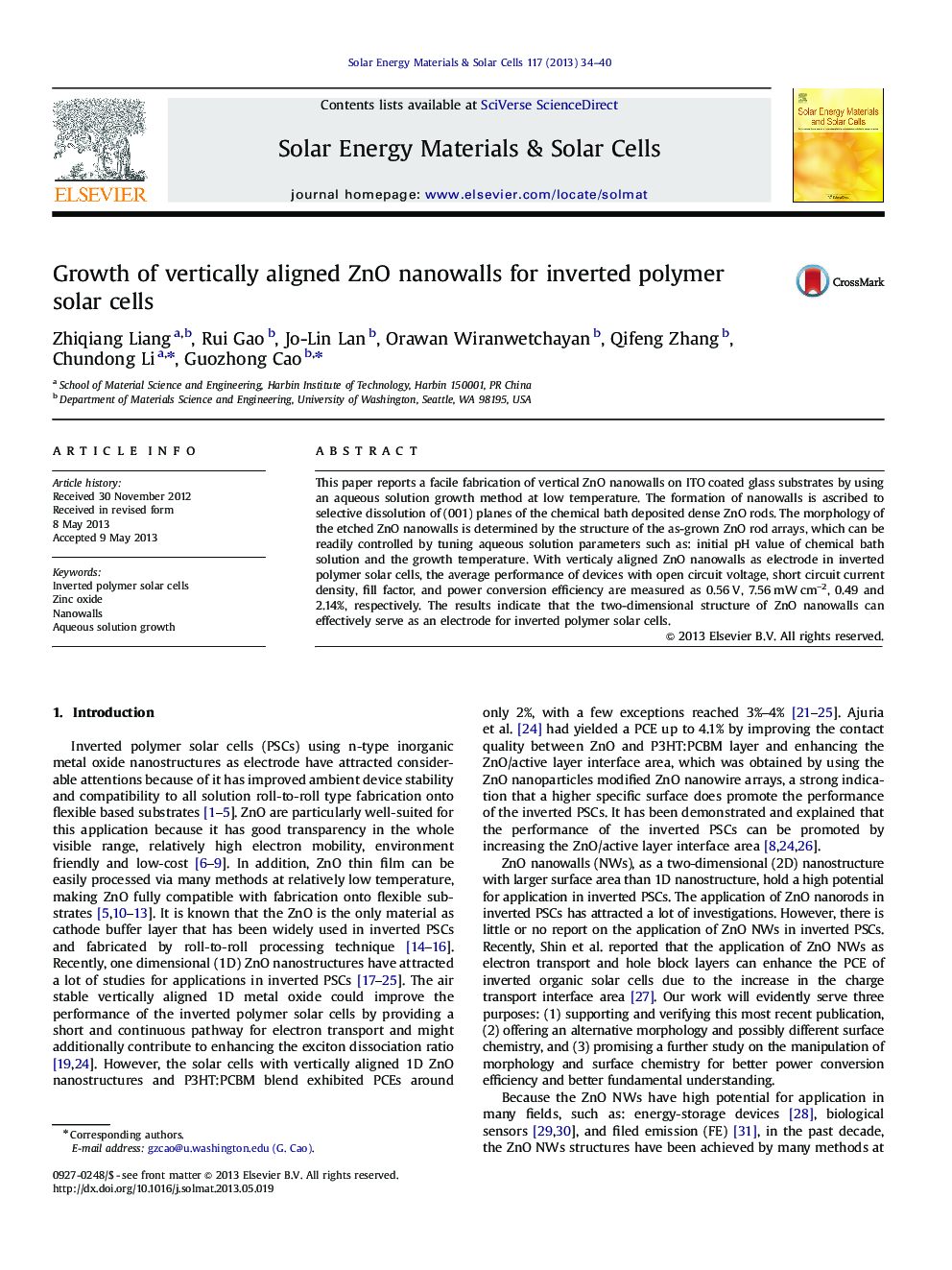 Growth of vertically aligned ZnO nanowalls for inverted polymer solar cells