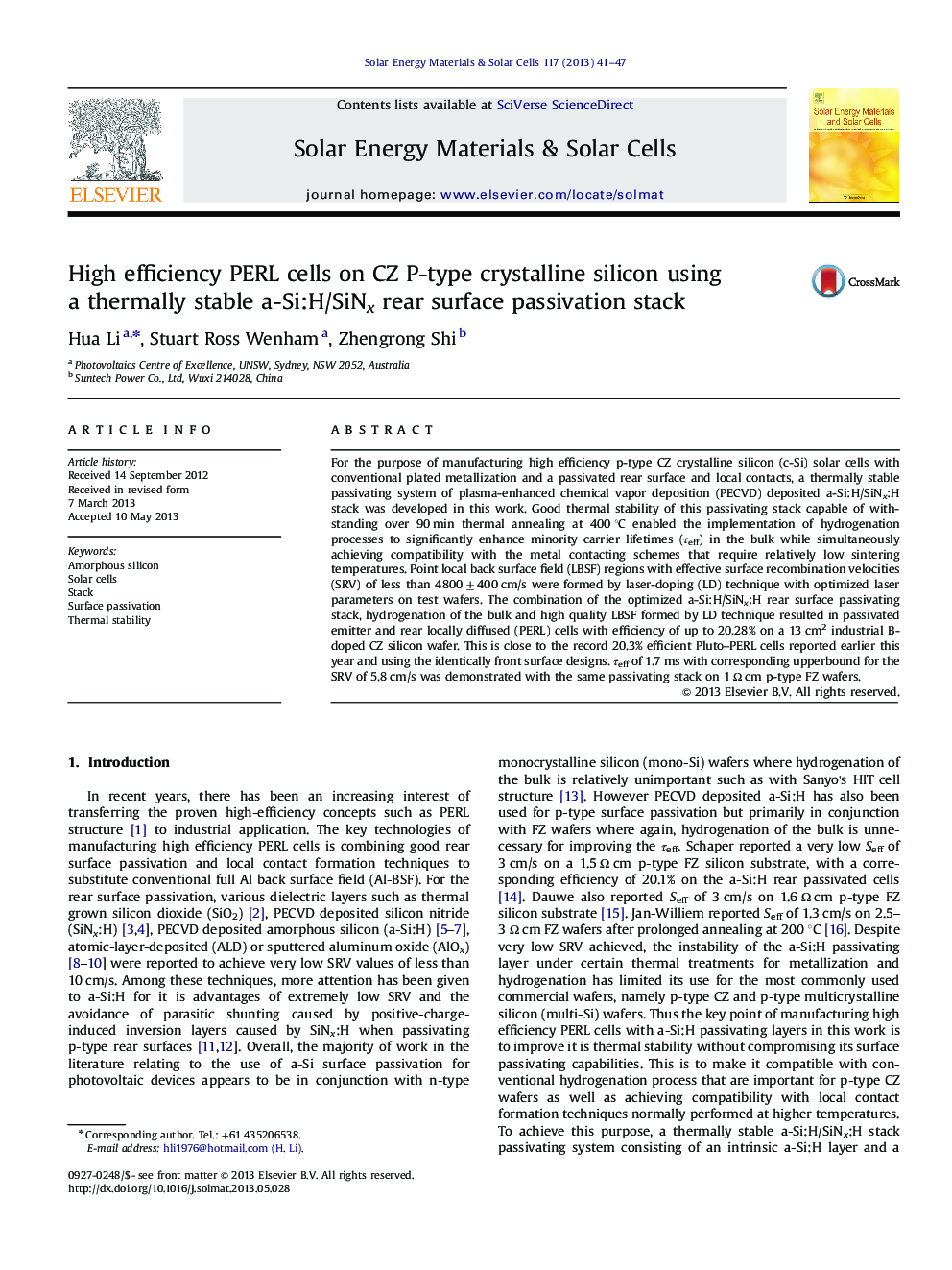 High efficiency PERL cells on CZ P-type crystalline silicon using a thermally stable a-Si:H/SiNx rear surface passivation stack