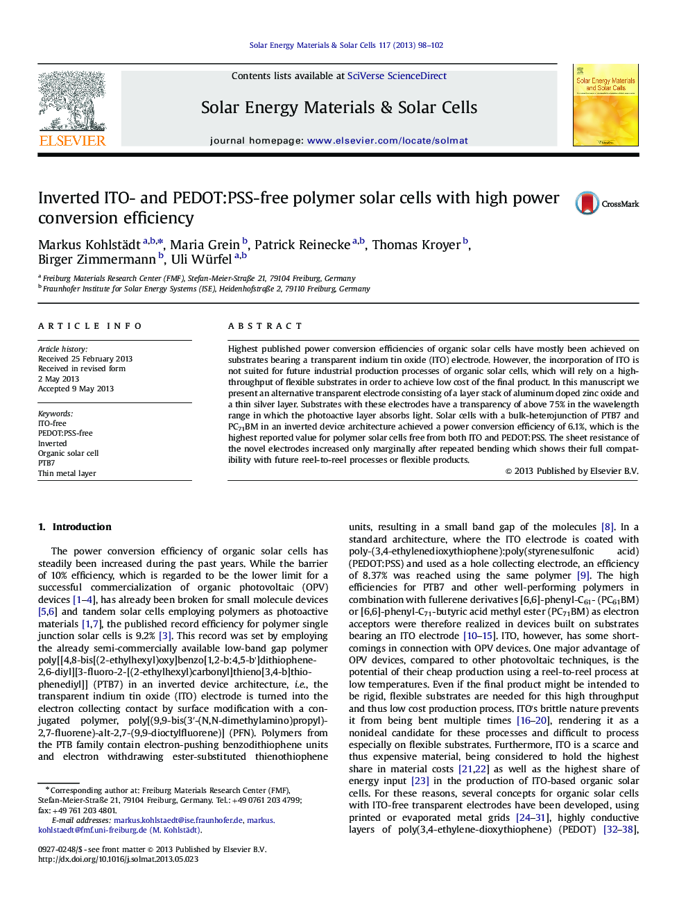 Inverted ITO- and PEDOT:PSS-free polymer solar cells with high power conversion efficiency