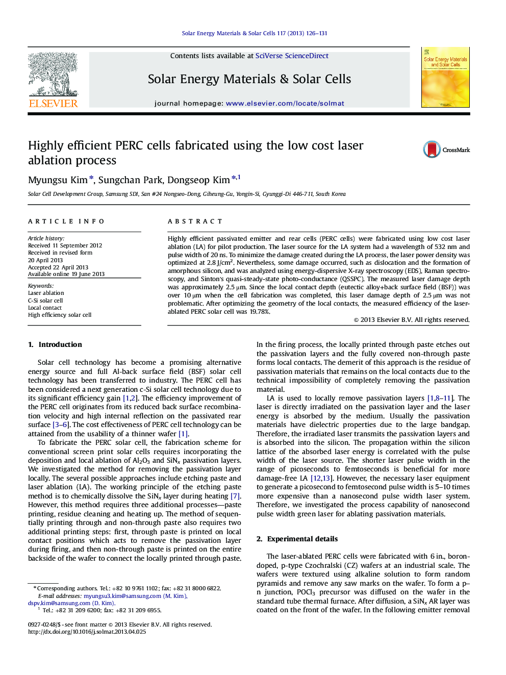 Highly efficient PERC cells fabricated using the low cost laser ablation process