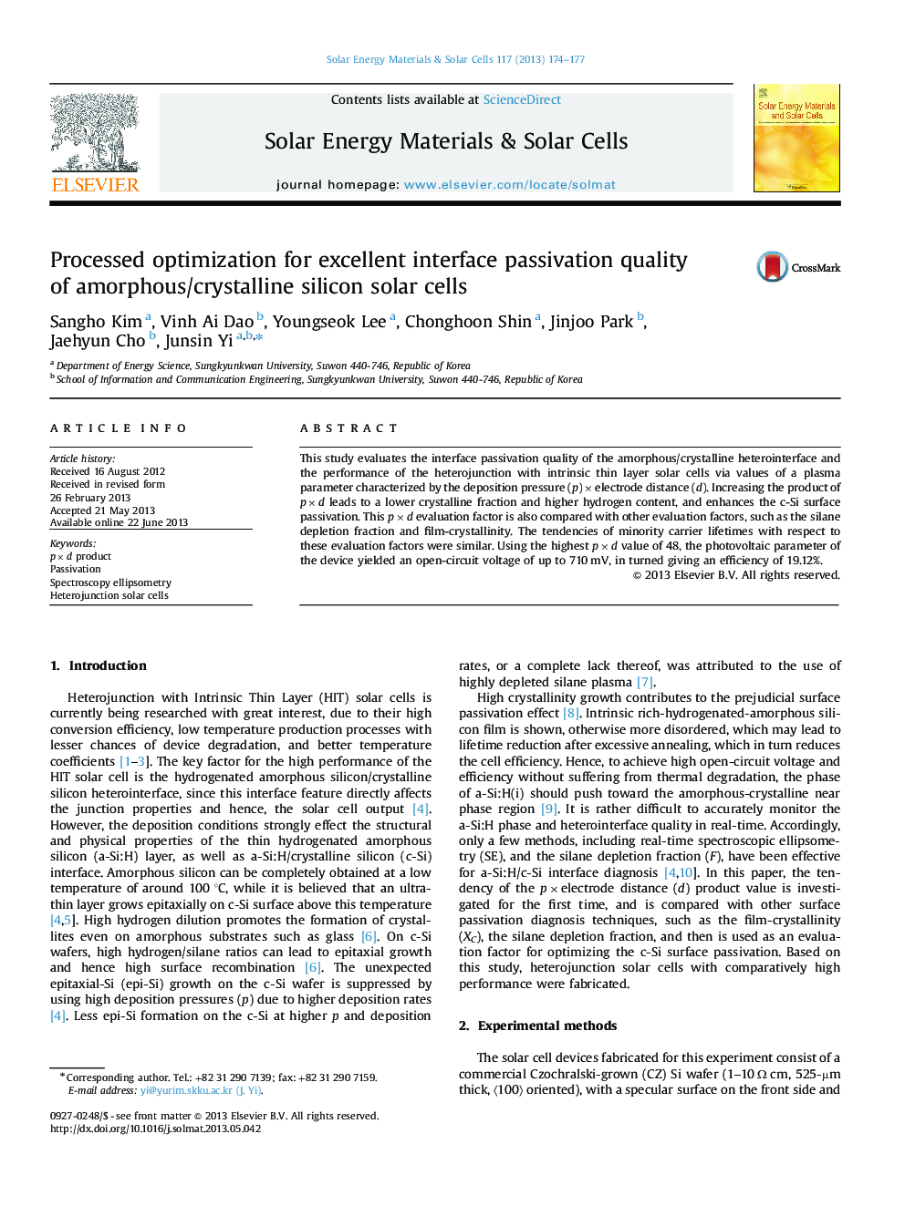 Processed optimization for excellent interface passivation quality of amorphous/crystalline silicon solar cells