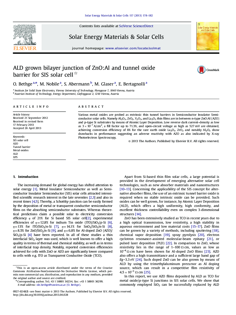 ALD grown bilayer junction of ZnO:Al and tunnel oxide barrier for SIS solar cell